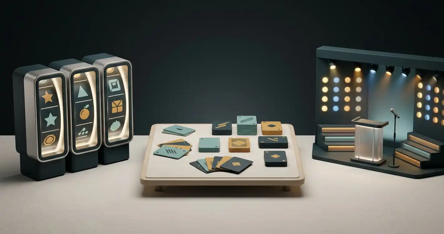 Spelkategorier symboliserade av en spelautomat, kortbord och en scen med ljuspunkter