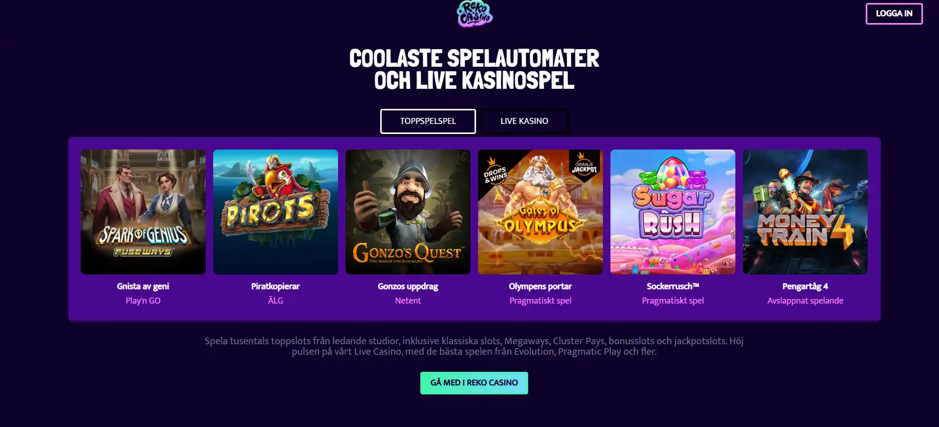 Reko Casinos webbplats med huvudnavigation och spelkategorier