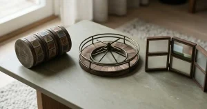 Neutrala geometriska spelsymboler, rouletteform och en liten studiomiljö på ett träbord