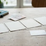 Neutrala papperskort ordnade i en rad bredvid ett bankkort och en anteckningsbok